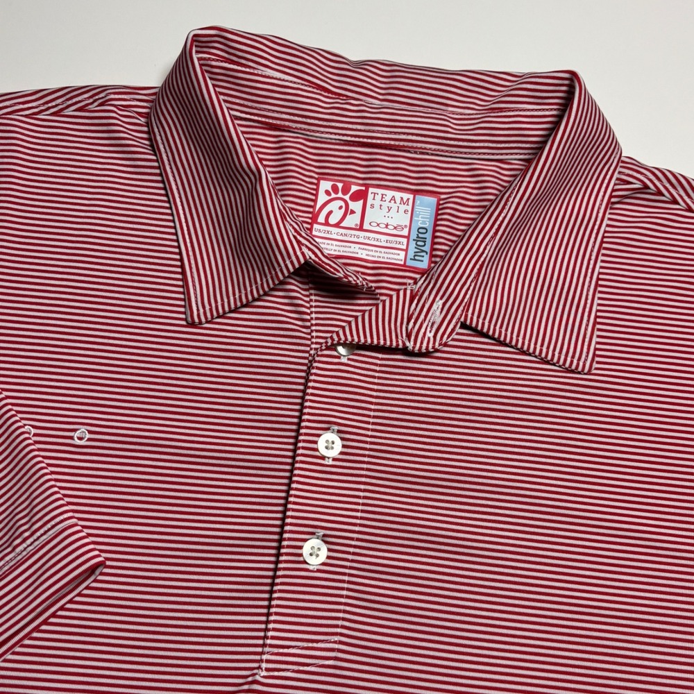 Chick-fil-A Oobe Team member Mens 2XL Hydrochill Polo Shirt Red White Striped